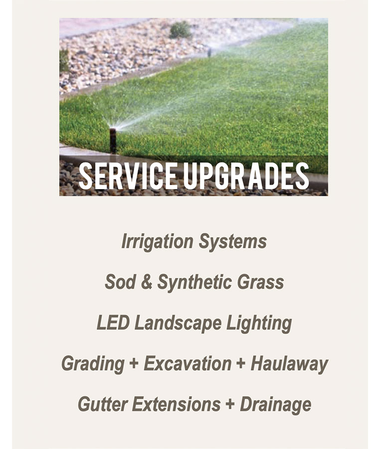 Service Upgrades Irrigation Systems Sod & Synthetic Grass LED Landscape Lighting Grading + Excavation + Haulaway Gutter Extensions + Drainage